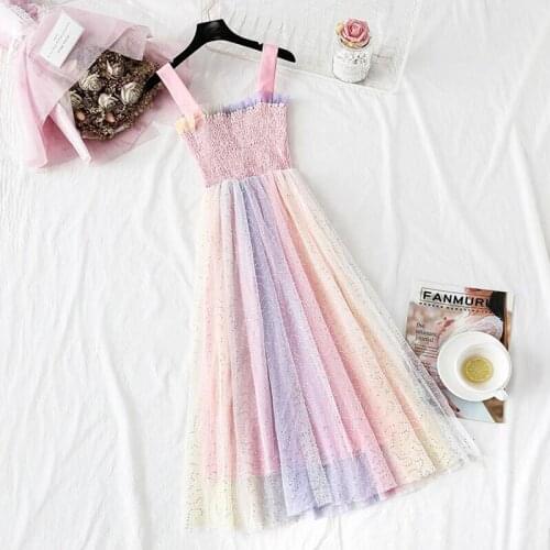 2021 New Summer Sling Dress Women Rainbow seven colors High Waist A-line Sundress Sweet Mesh Long Dress Vestidos