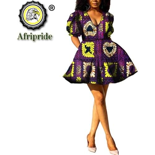 Fashion African Print Dresses for Women Mini Length Short Sleeve V-neck Sexy Party Plus Size Fashion Dresses Wax Attire S2125026