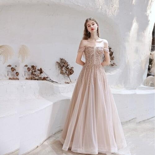 2021 Latest Charming Nude Sparkling Prom Party Dresses Long Off Shoulder Sleeves Strapless Evening Gowns Back Out Beading Sequin