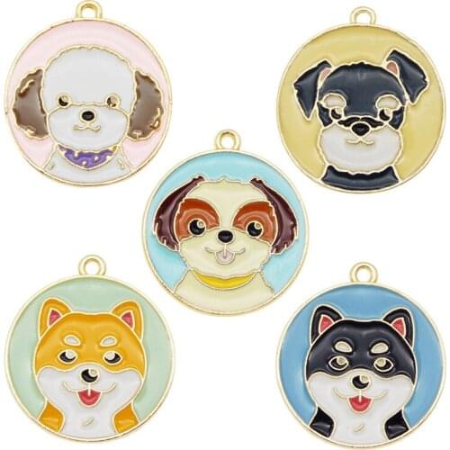 Julie Wang 5PCS Enamel Dog Tag Charms Round Cartoon Teddy Shiba Animal Pendant Bracelet Earrings Jewelry Making Accessory