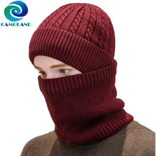 CAMOLAND Hot Sale Winter Thermal Velvet Knitted Skullies Beanies Set Men Women Warm Beanies Scarf Fashion Balaclava Bonnet Hat