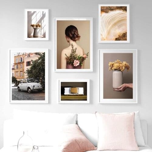 Blooming Flowers On The Ladys Back Car Vase Agate Wall Art Print Canvas Painting Nordic Poster Decor Pictures For Living Room