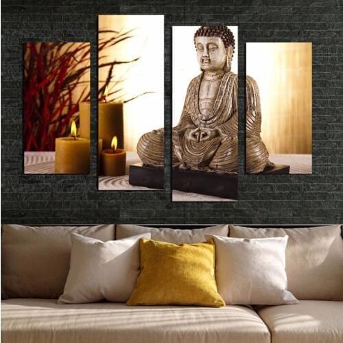 Home Decor Poster Framework Living Room 4 Panel Buddha Candle Landscape Modern Painting On Canvas Wall Art Pictures HD Printed