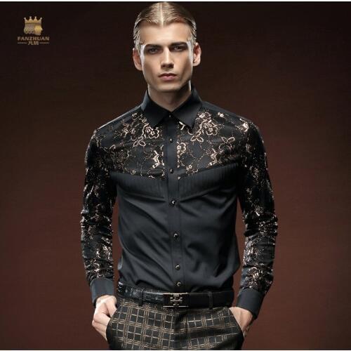 Fanzhuan Free Shipping Palace Unique New fashion casual male mens black slim long sleeved stitching shirt 512061 plant pattern