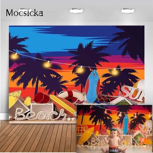 Beach Backdrop Sunset Birthday Newborn Kids Cake Smash Theme Party Decoration Background Surfboard Palm Tree Photoshoot Backdrop