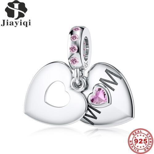 Jiayiqi Maternal Love Heart-Shaped Charms 925 Sterling Silver CZ Beads Fit Charms Bracelets MotherS Day Jewelry Gift