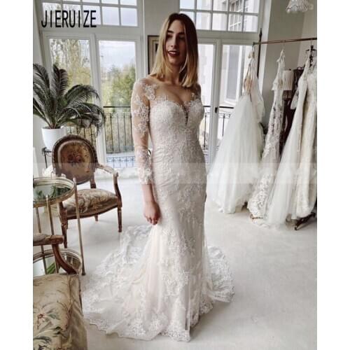JIERUIZE Mermaid Wedding Dresses Sheer Neck Long Sleeves Appliques 2020 Nude Tulle Bridal Dresses Button Back Wedding Gowns