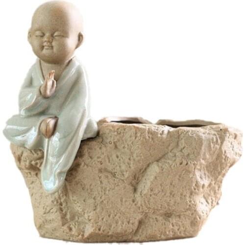 1pc Pottery Succulents Pots Kung Fu Little Monk Stoneware Ceramic Cartoon Flowerpot Green Plants Planter Office Desktop Deco