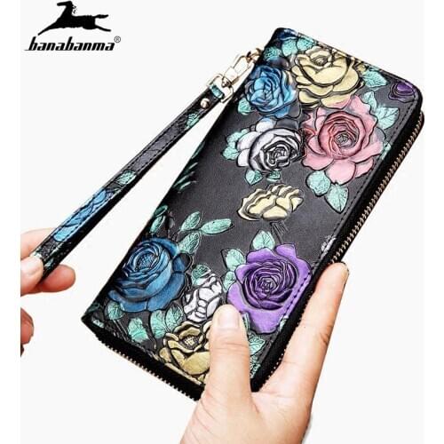 Wallet womens Retro knurling 3D Rose flower pattern long leather female wallet designer purse wristlet phone bag carteras mujer