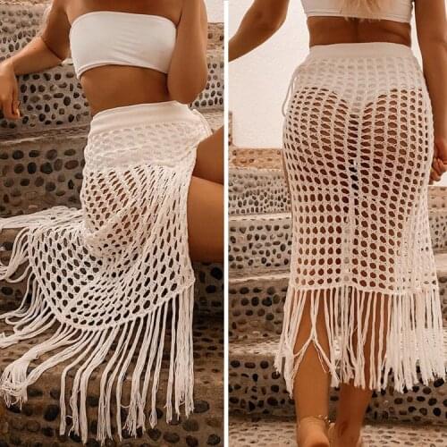 Summer Womens Sexy See-through Hollow Knit Skirt With Split Ends And Fringed Beach Skirt Length -40