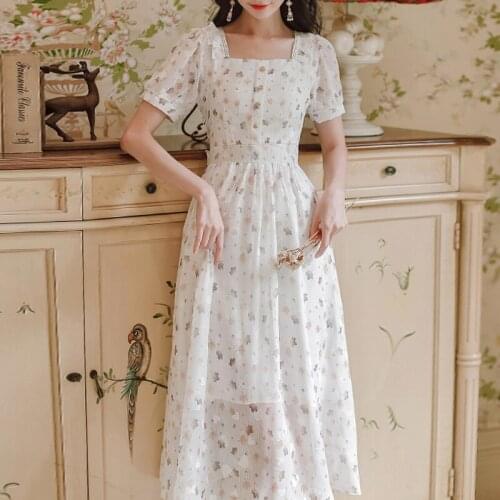 Sweet Cute Puff Sleeve Girls Dress Dresses Women Fashion Bandage Fresh Print Square Collar Slim Waist Vestidos Elegantes Female