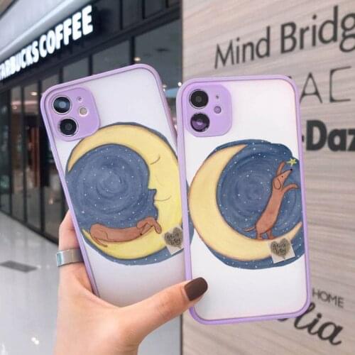 Cute cartooon Dachshund dog animal Phone Case For iPhone 12 11 Mini Pro XR XS Max 7 8 Plus X Matte transparent Purple Back Cover