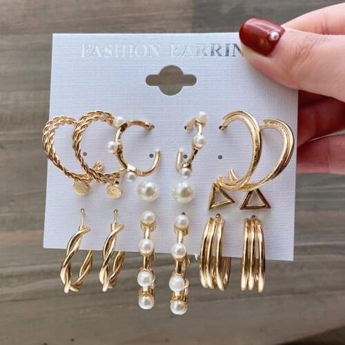 Fashion Pearl Metal Hoop Pendant Gold Chain Earring Set Rhinestone Moon Star Ear Studs Gift For Women Girl Jewelry