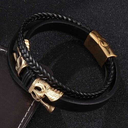 Fashion Golden Accessories Multilayer Black Leather Bracelet Men Stainless Steel Magnetic Buckle Charm Bangles Women Wrist Band