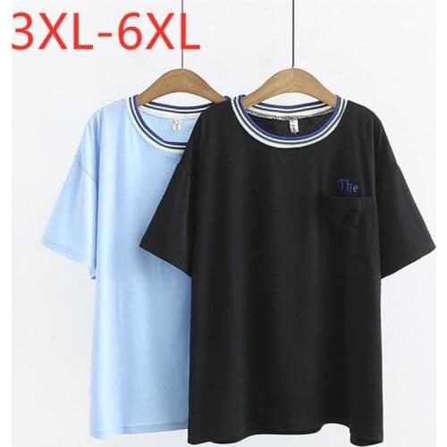 New 2021 Ladies Summer Plus Size Tops For Women Large Short Sleeve Loose Cotton Black Blue Pocket O-neck T-Shirt 3XL 4XL 5XL 6XL