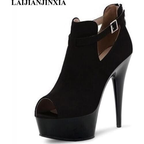 New sexy suede hollowed-out high-heeled shoes with 15cm high heels and waterproof table fish-mouth Dance Shoes