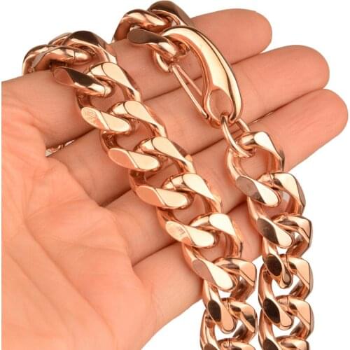 Charming Curb Cuban Mens Womens Necklace Chain Rose Gold Color Stainless Steel Necklaces for Fashion Jewelry 15mm