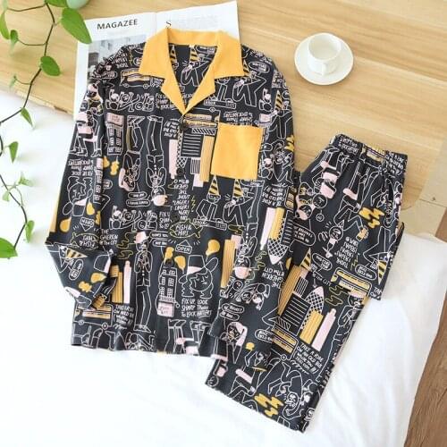 Korean Comics Knitting Couple Spring Homewear Suit Cotton Loose Long-sleeved Lapel Cartoon Pajamas Suit Pantalon Pijama Mujer