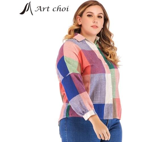 2020 Spring Autumn Plaid Checked Shirts Women Tops Blouses Lace Long Sleeve Casual Blusas Loose Female Shirt Plus Size Oversized