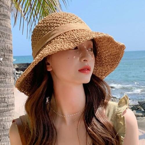 Summer Straw Hat For Women Bow Knitting Straw Hat Open Back Face Sun Hat Beach Sunshade Sunscreen Hat