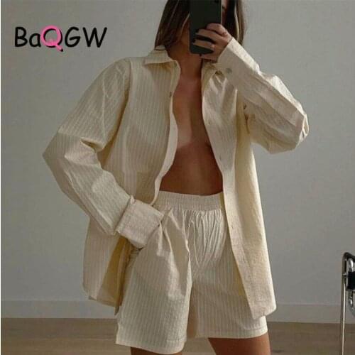 BaQGW Loung Wear Tracksuit Women Shorts Set Stripe Long Sleeve Shirt Tops And Loose High Waisted Mini Shorts Two Piece Set 2021
