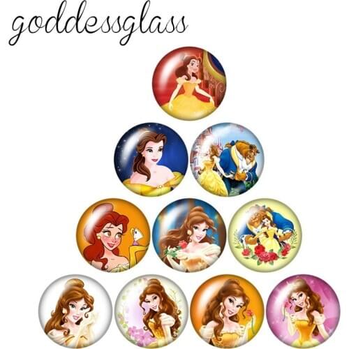 Disney Beauty and the beast Princess Belle 10pcs 12mm/20mm/25mm Round photo glass cabochon flat back Necklace Making findings