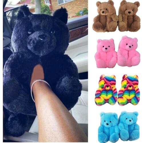 Winter Ladies Cartoon Cute Teddy Bear Slippers Women Indoor Non-Slip Home Cotton Slides Female Plush Fluffy Warm House Shoes Hot