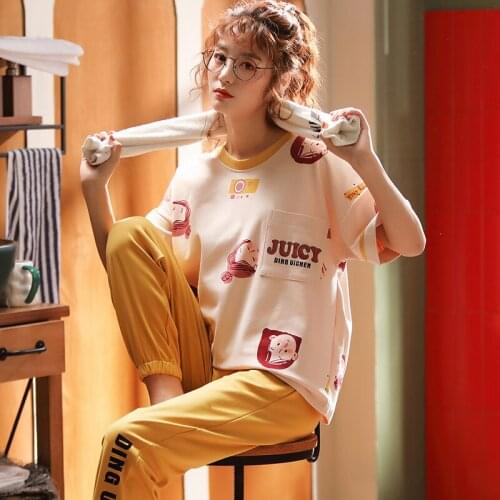 Spring Pajamas For Women Summer Short Sleeve Long Pants 100% Cotton Plus Size XXL XXXL XXXXL Pyjama Femme Cotton Pijama Set