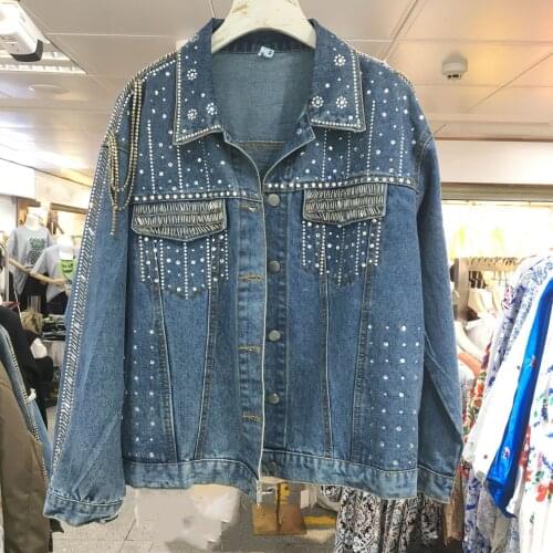 2021 Summer New Heavy Industry Beaded Diamond Denim Jacket Women Spring Autumn Chain Straight Wild Loose Jeans Jacket Femme