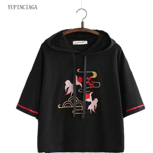 2021 Summer Women Sweatshirt Harajuku Simple Japan Style Literature And Art Cotton Hooded Embroidery Short Sleeve Hoodie Girls