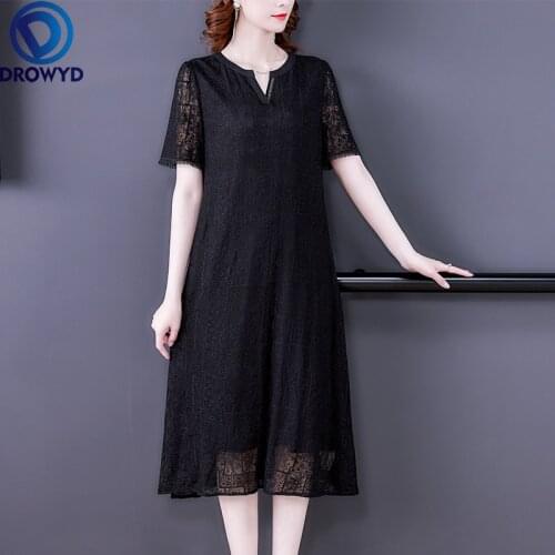 2021 Summer New Women Korean Fashion Elegant Loose Black O-neck Short Sleeve Mid-calf A-line Loose Dress Bodycon Party Vestidos