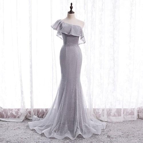 Bespoke Occasion Dresses Vintage One-Shoulder Sleeveless Backless Trumpet Luxury Gray Tulle Lace Women Formal Evening Gown HB155