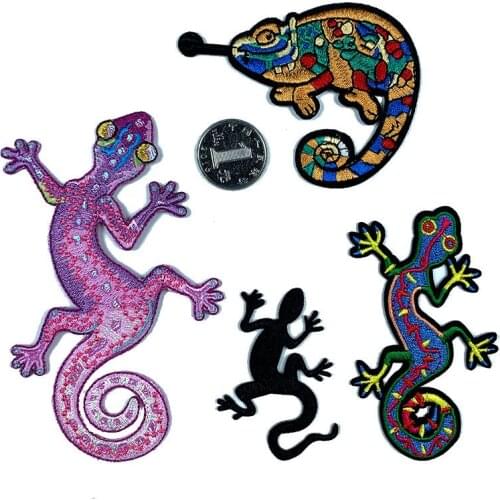 10pcs/lot Embroidery Patch Shrimp Gecko Chameleon Lizard Animal Clothing Decoration Sewing Accessory Iron Heat Transfer Applique