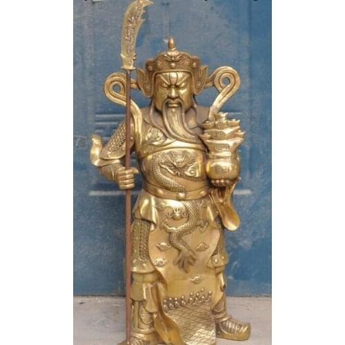 36"Huge Chinese Brass Wealth treasure bowl Guan Gong guanYu Warrior God Statue