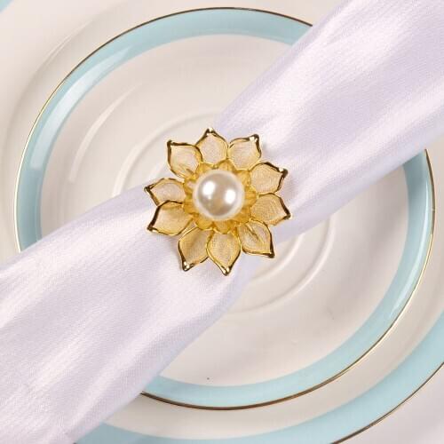 50pcs New Purple Flower Napkin Buckle Pearl Copper Mesh Napkin Ring Flower Tissue Buckle Hotel Napkin Ring