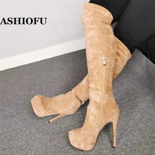 ASHIOFU Handmade Retro Women High Heel Boots Sexy Platform Club Dress Knee High Boots Winter Evening Stiletto Fashion Boots