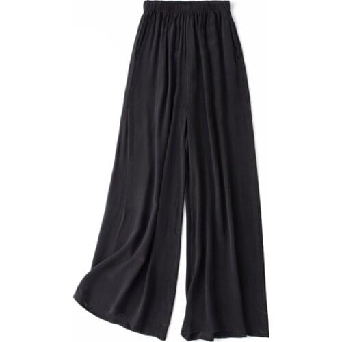 Vintage Women Summer Spring Natural Silk Pants Silk Loose Style Trousers Work Wear OL Fashion Holiday wide leg Black Silk Pants