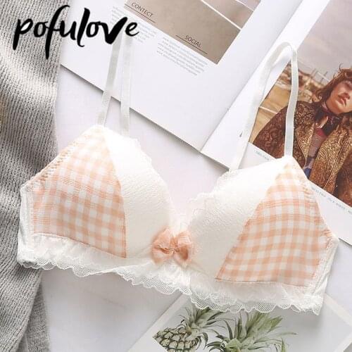 Teen Girl Bra Plaid Lace Sexy Bras Seamless Wireless Underwear Sweet Cute Soft Bralette 32a Small Size Student Lolita Brassiere