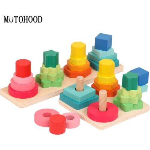 MOTOHOOD Wooden Building Blocks Montessori Toy Early Learning Educational Toys Color Shape Cognition Kids Toys for Children