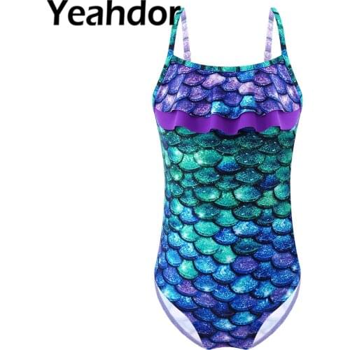 Kids Girls Swimwear Bodysuit Adjustable Straps Ruffle Hem Fish Scales Horse Print Cut Out Open Back Swimming Bathing Beachwear
