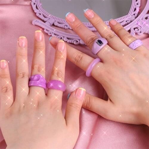 Purple Series Indie Ring Resin Polymer Clay Acrylic Plastic Metal Rings for Women Girl 2021 New Summer Travel Jewelry Gifts
