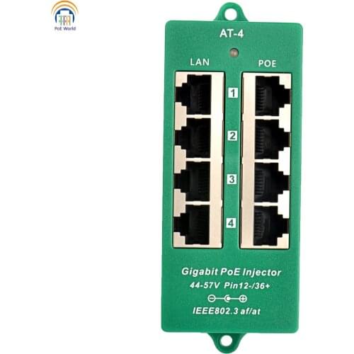 POE World AT-4 Gigabit PoE 802.3at 4 Port Power over Ethernet Injector 2.1*5.5mm DC connector RJ-45 Connector
