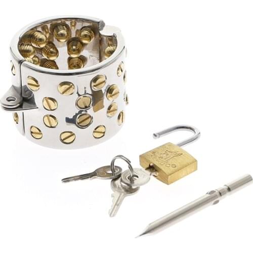 KALIS TEETH Cock Ring with 4 Rows Golden Spikes with Lock Cock Cage Scrotum Pendant Male Chastity Device Kalis teeth C049E