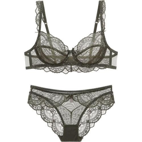 5 colors big size 70-95 ABCDE ultra-thin cup lace bra set transparent floral sexy lingerie suit women underwear intimates sets