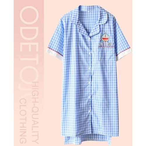 Summer new style woven cotton cartoon nightdress shirt skirt ladies loose plus size home service mid-length plaid pajamas