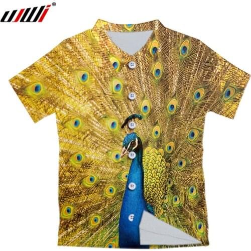 UJWI New Man 3D Printing Button Tees Animal Peacock Short Sleeve Button Fashion Casual Green Animal Broken Button Shirt Pendant
