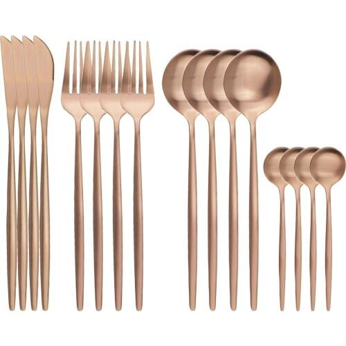 16Pcs Rose Gold Cutlery Set Knife Fork Coffee Spoons Dinnerware Set Stainless Steel Tableware Set Western Kitchen Silverware Set
