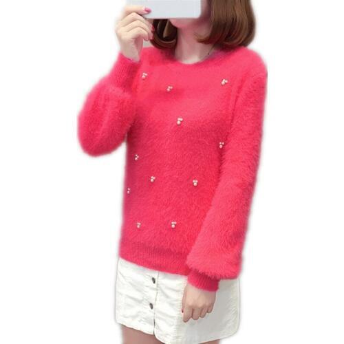 New Arrival 2018Fashion Autumn Winter Women Knitted Sweater Pullovers O-Neck Female Short Sweater With Pearls Bottom SweaterQ750