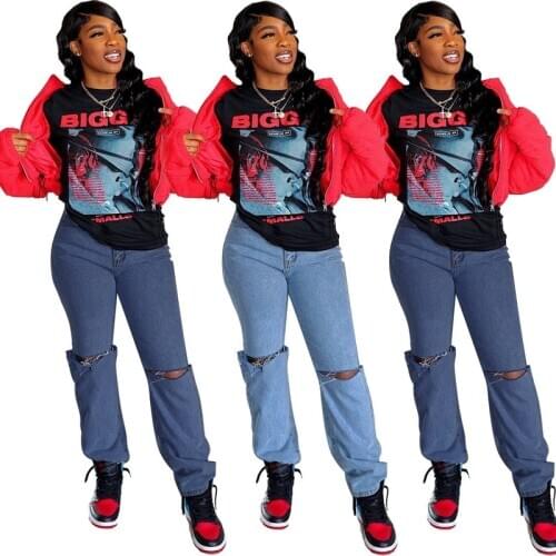 2020 Fall Womens Clothing New Loose Hole Denim Pants