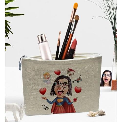 Personalized Super Mom Caricature Of Linen Makeup bag